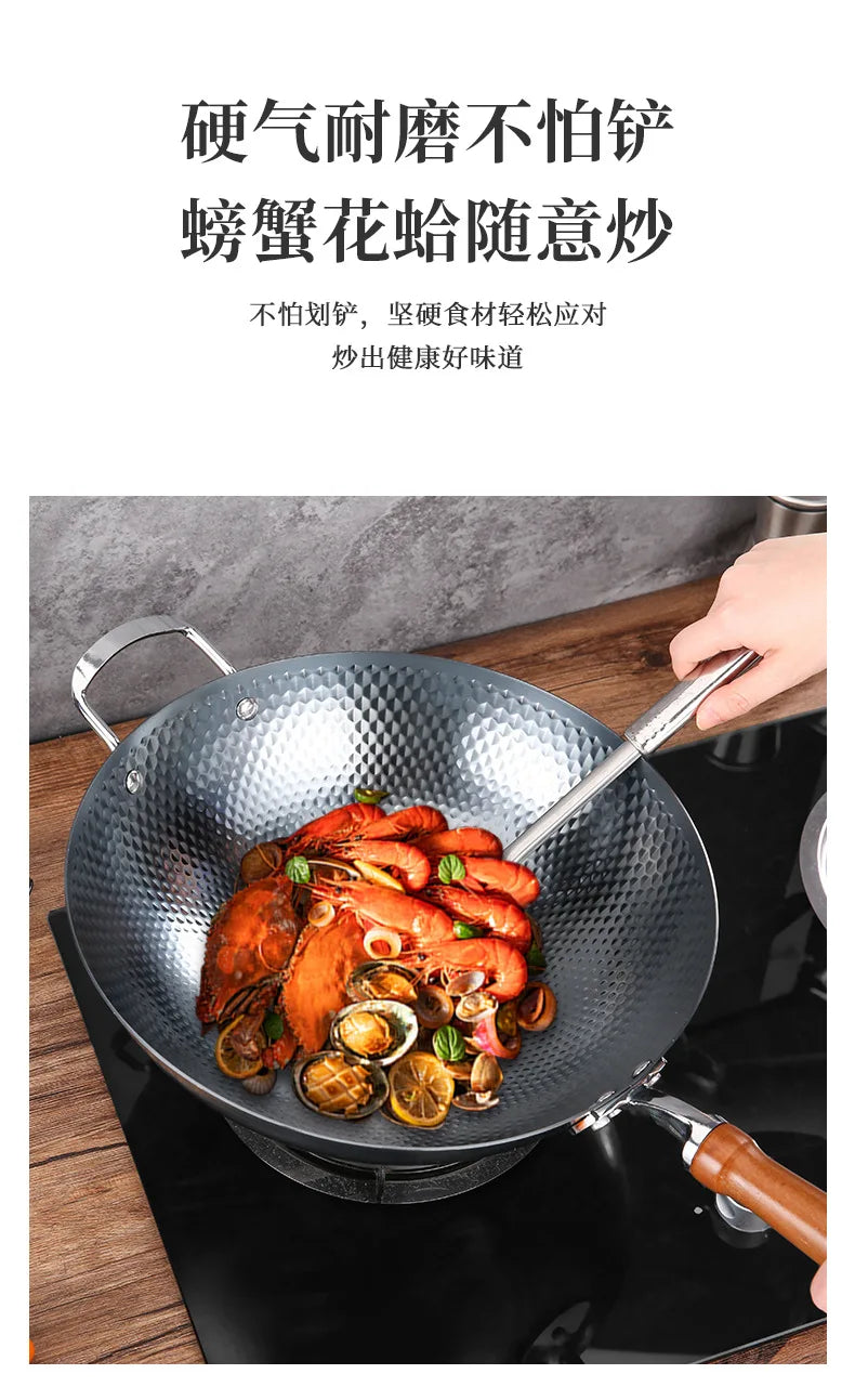 32cm Hand-forged Iron Wok household cooking pot uncoated Cookware Non-stick Thickened Iron Wok High-end Frying Pan