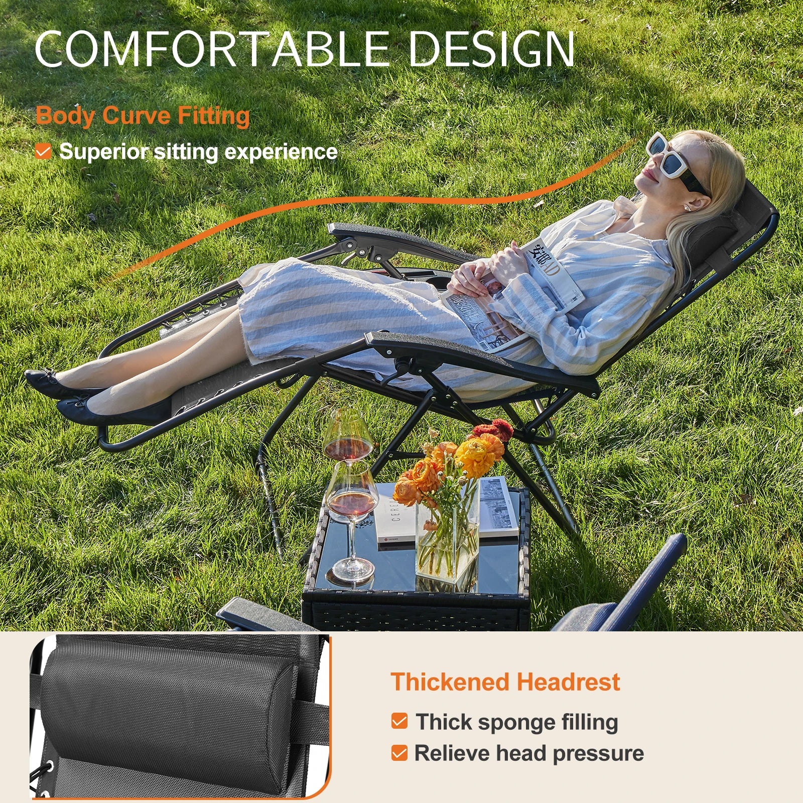 JHK Zero Gravity Set of 2 Portable Recliner Camping Patio Outdoor Folding Lounge Chair with Cup Holder Trays Adjustable Pillow