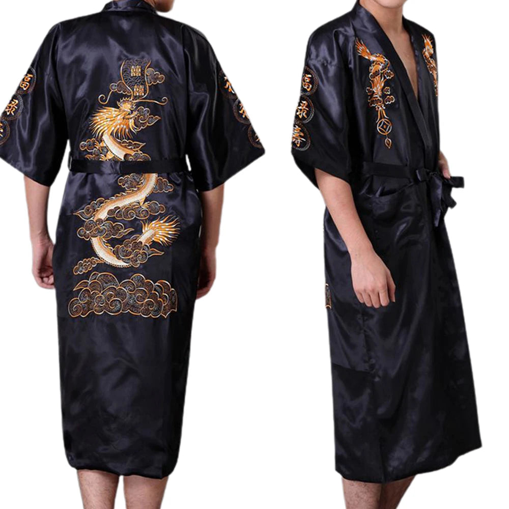 Satin Sleepwear Gown for Men, Chinese Dragon Design, Silk Kimono Bathrobe, M 2XL, Available in Multiple Colors