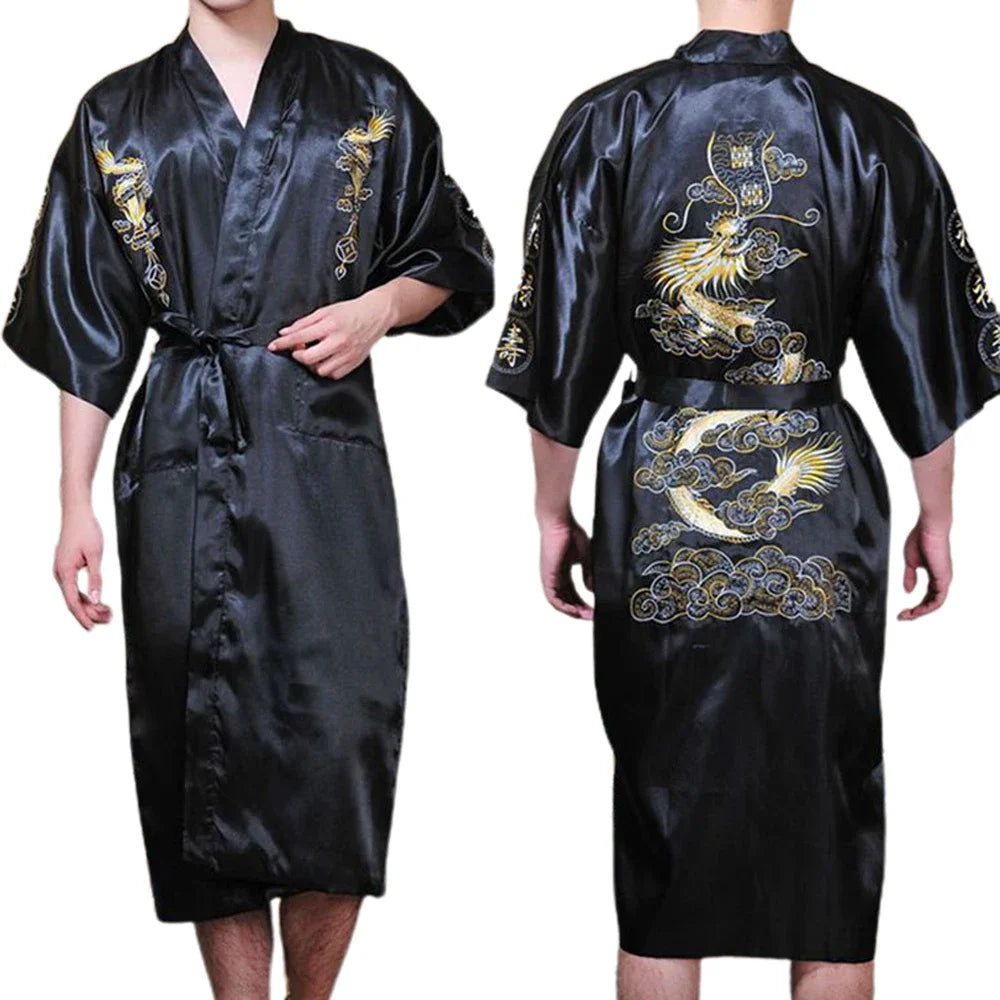 Silk Kimono Bathrobe, Chinese Dragon Design, Men's Sleepwear Gown, Satin Fabric, Navy Blue/Red/White/Black/Blue