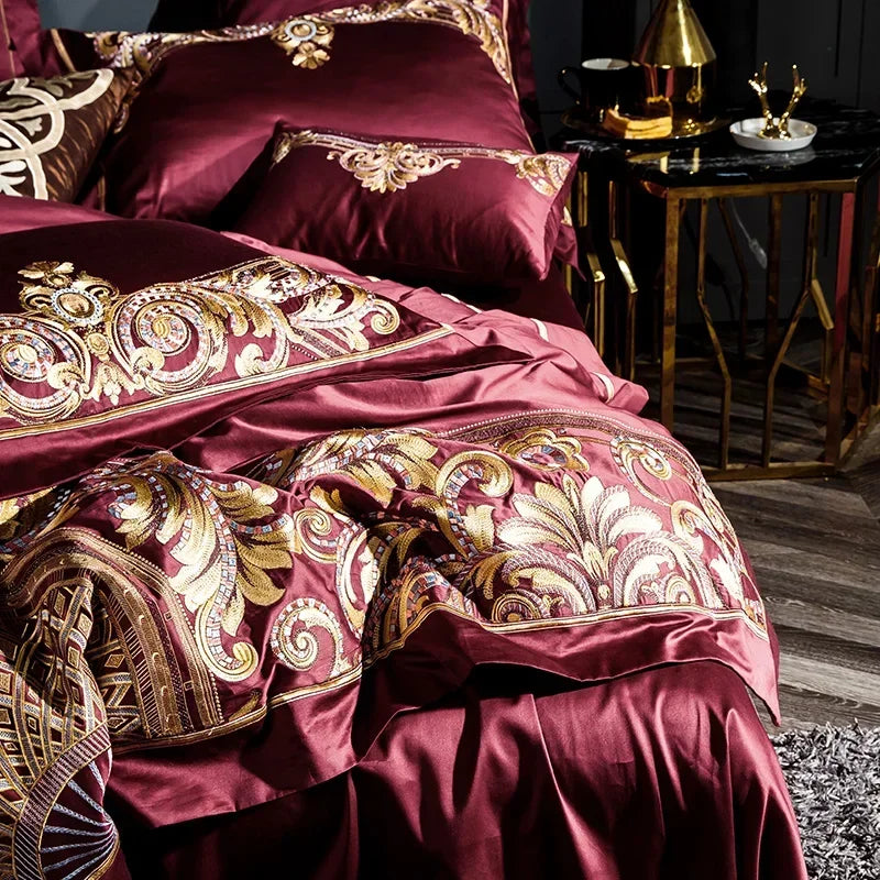 Luxury Gray Red 1000TC Satin Egyptian Cotton Bedding set Gold Royal Embroidery Queen King Duvet Cover Bed Linen/sheet Pillowcase