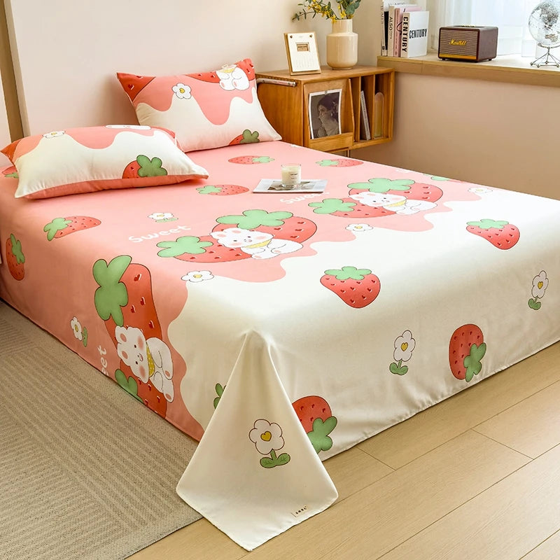 3Pcs Cartoon Strawberry Rabbit Cotton Bed Sheet Set Kawaii Style Bedroom Decor Flat Sheet High Quality Thickened Bedding Set