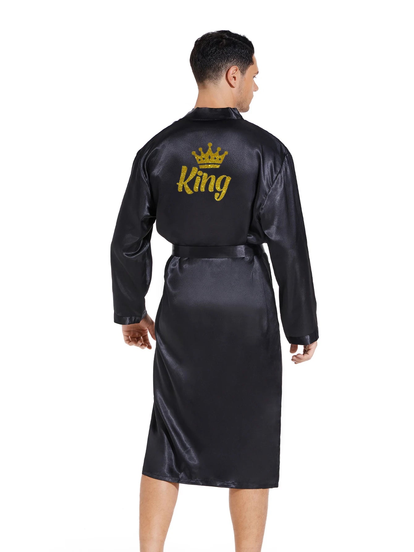 King queen glitter writing men women robe satin crown design honeymoon couple queen kimono robes