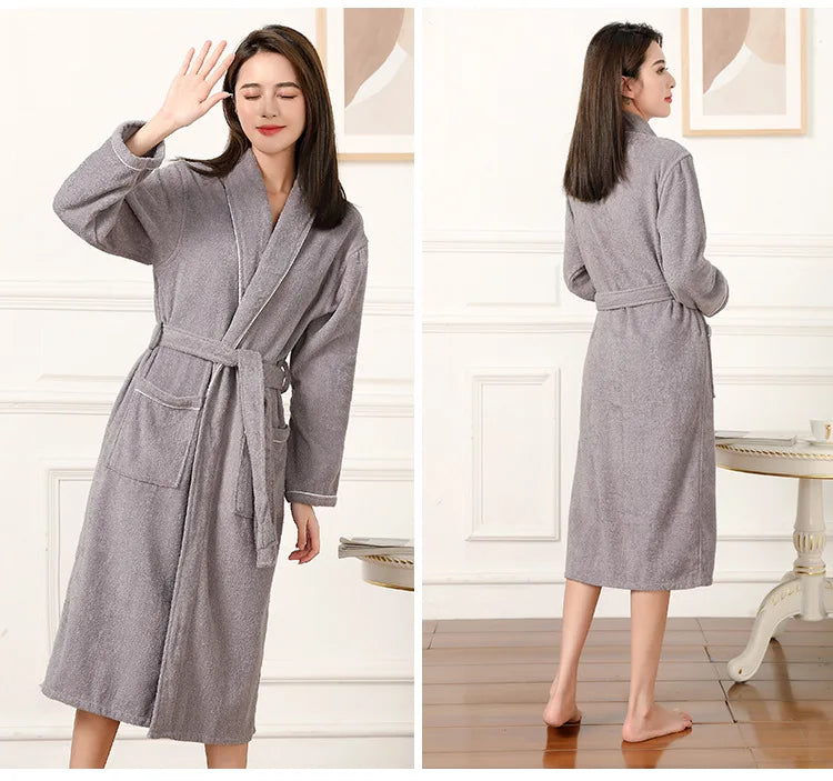 100% Cotton Couples Long Thick Absorbent Terry Bath Robe Kimono Men Light Weight Towel Bathrobe Sleepwear Women Hotel Gown Robes