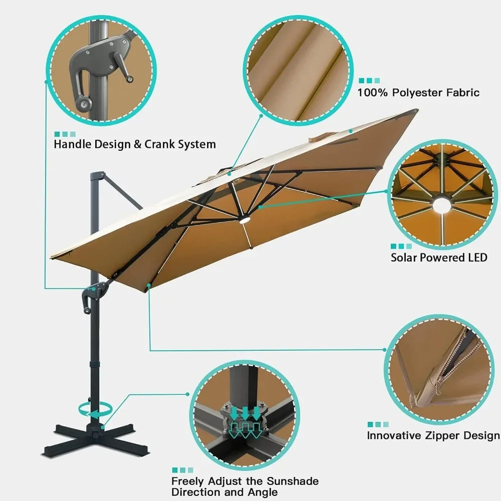 Solar Powered LED Patio Umbrella Square Deluxe Offset Umbrella 360°Rotation  & LED lights for Market Garden Deck Pool