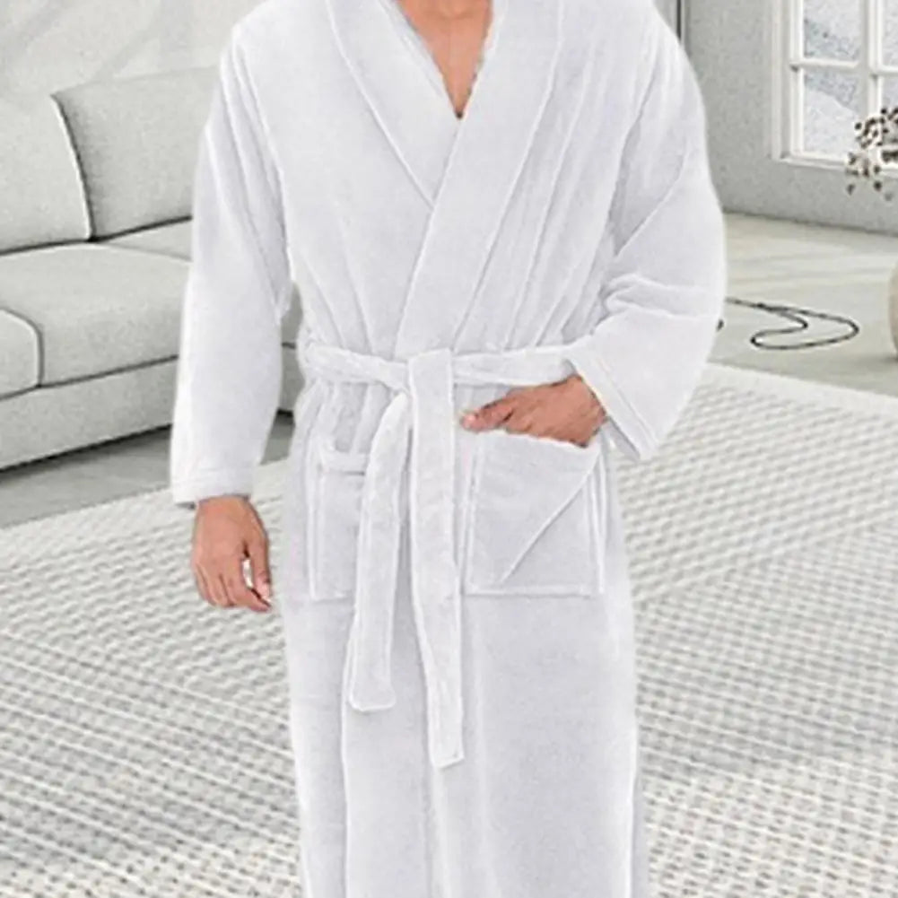 Men Robes Hooded Bathrobe With Adjustable Belt Soft Fluffy Highly Absorbent Solid Color Pocket Design Male Bathrobe For Daily