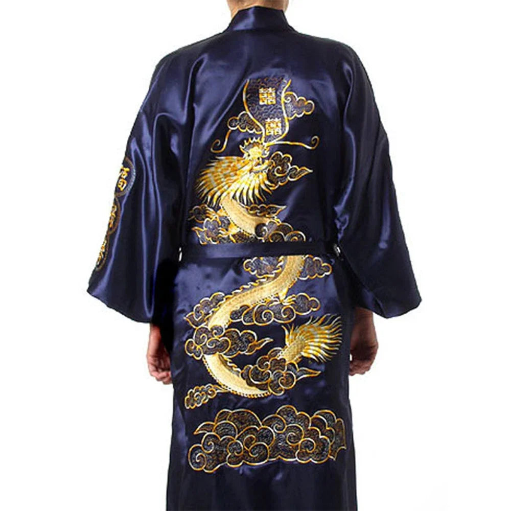 Silk Kimono Bathrobe, Chinese Dragon Design, Men's Sleepwear Gown, Satin Fabric, Navy Blue/Red/White/Black/Blue