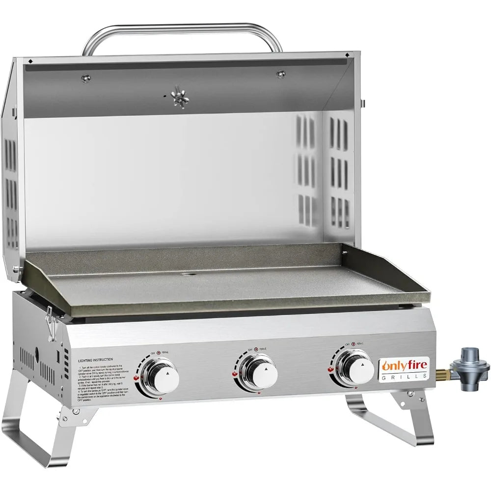 Flat Top Gas Griddle with Foldable Legs, 3-Burner Stainless Steel Propane Gas Grill Griddle, 24” Portable