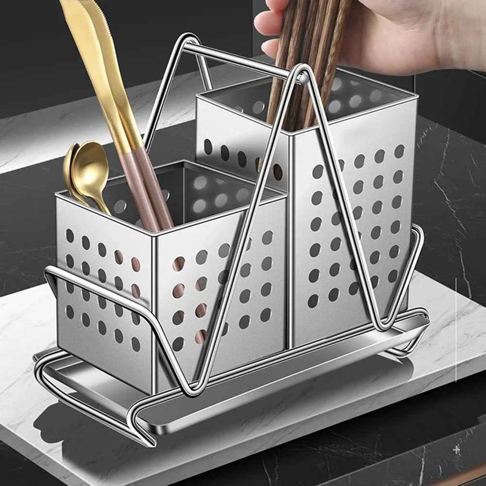 Stainless Steel Cutlery Holder Knives And Forks And Chopstick Draining Basket Draining Holes Design Kitchen Utensils Rack