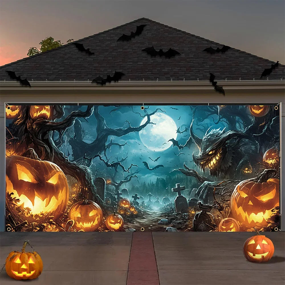 Halloween garage door banner decoration, misty forest pumpkin lantern scene