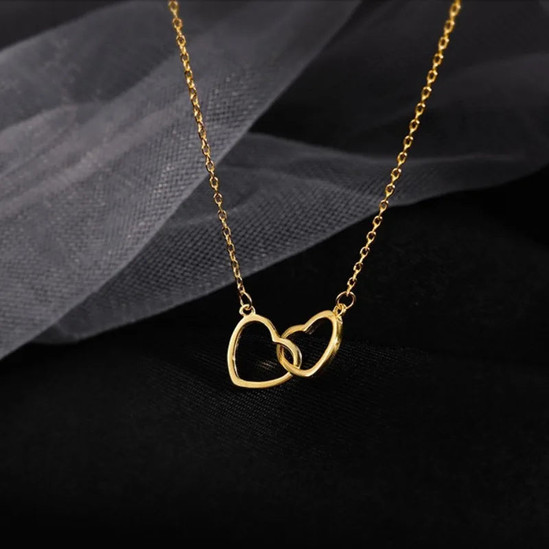 Simple Double Heart Pendant Necklace for Women Couple Zinc Alloy Choker Gold Color Chain Wedding Party Friends Jewelry Gift