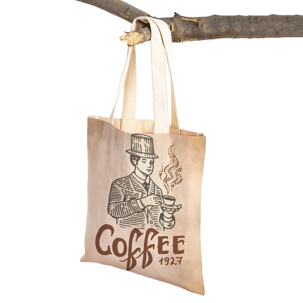 Elegant Coffee Caffeine Arabica Beans Retro Women Shopping Bags Canvas Tote Lady Handbag Reusable Foldable Shopper Bag