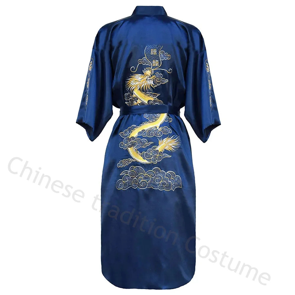 Chinese Style Robe Classical Embroider Dragon Kimono Man Homewear Long Bathrobe Satin Nightgown Loose Sleepwear Loungewear