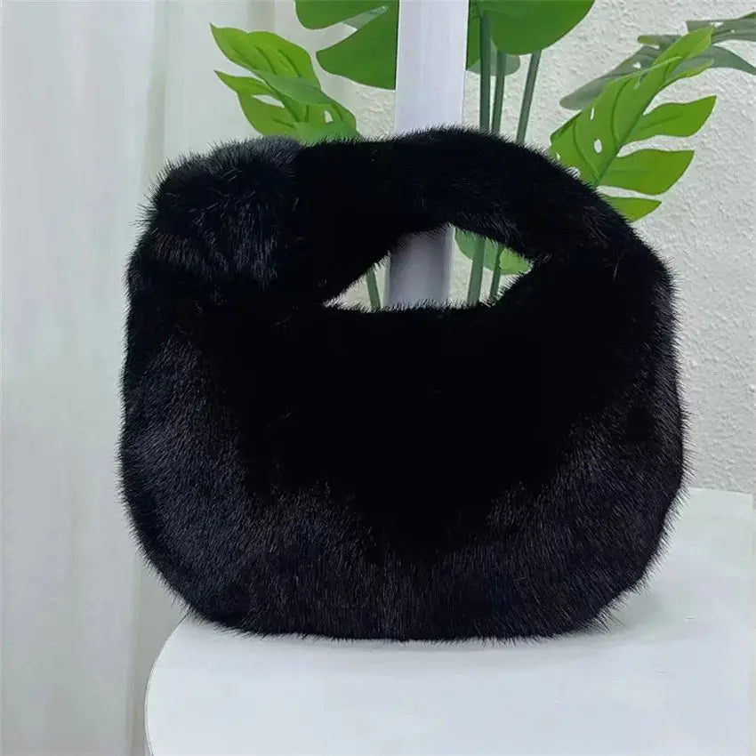 Designer Real Mink Fur Handbag Women's Soft Real Fur Weaving Knotting Handbags Women Party Evening Handbag Ladies Bag Real Fur