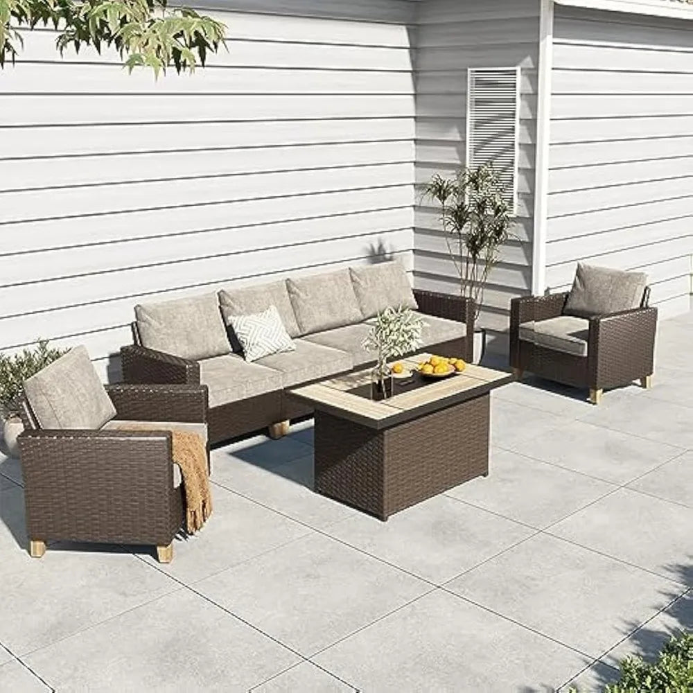 Patio Set, Wicker Patio Furniture Sectional Sofa with Fire Pit Table Thick Cushions for Yard Garden Porch ,Garden Furniture Sets