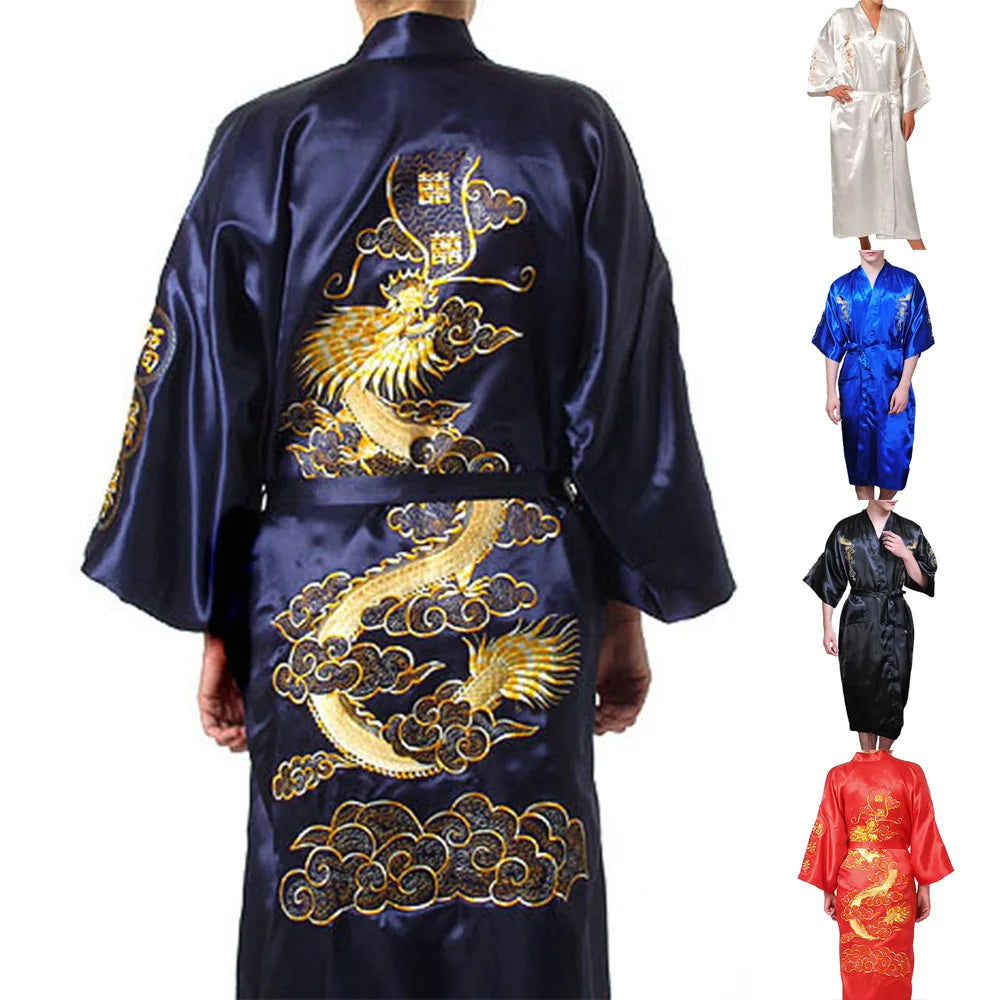 Satin Sleepwear Gown for Men, Chinese Dragon Design, Silk Kimono Bathrobe, M 2XL, Available in Multiple Colors