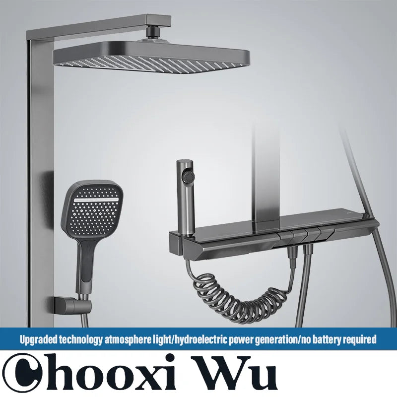 CHOOXIWU-Bathroom Luxury Shower System with Lights Tempered Glass Piano Key Smart Digital Display Thermostat Mixer Shower Faucet