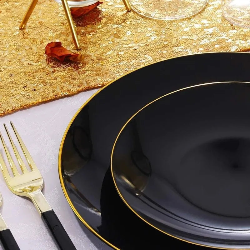 150PCS Black Plastic Plates - Black and Gold Disposable Plates - Premium Heavyweight Gold Plastic Dinnerware