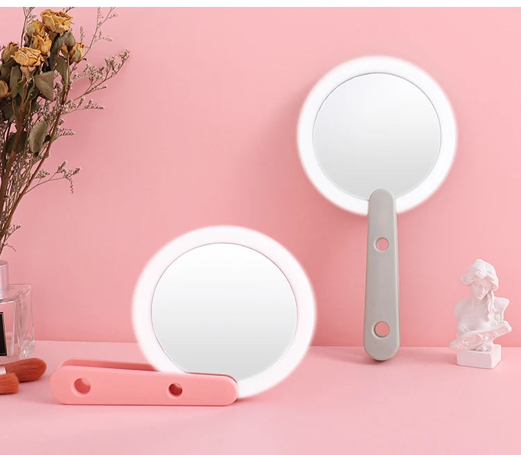 USB Charge  Woman LED Rotary Switch Makeup Mirror Heart Mirror Pink WhiteCute Convenient Hand Held Luxury Round Private Label