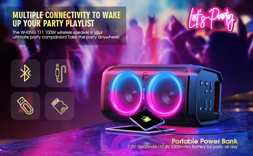 W-KING 100W RMS Bluetooth Speakers, IPX6 Waterproof, V5.3 Portable Party Boombox Wireless Deep Bass/115dB Loud Massive Sound