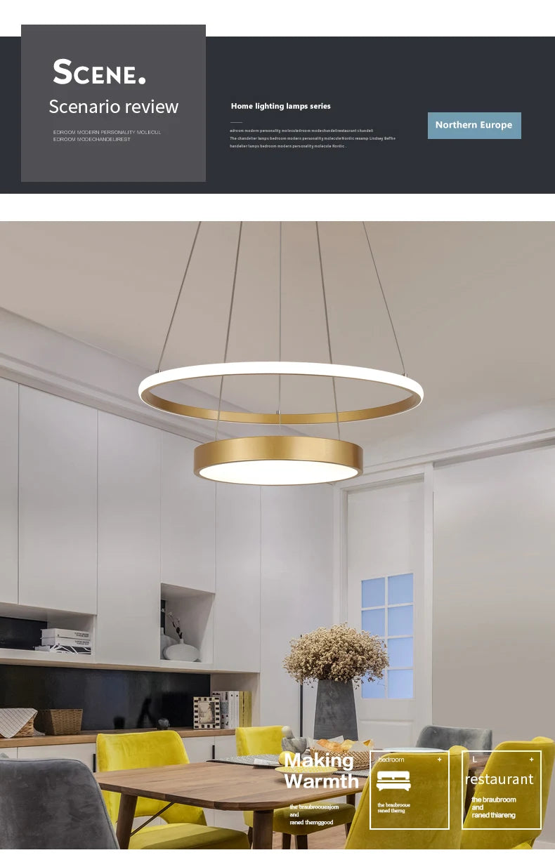 Modern LED Chandelier Lamp for Dining Study Room Kitchen Indoor Decorative Lighting Circularity Gold LED Ceiling Chandelier