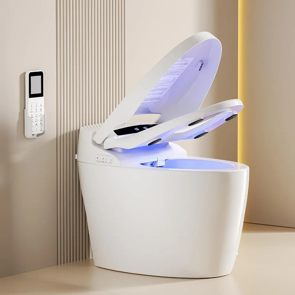 Luxury Smart Toilet with Warm Water Sprayer and Dryer Foot Sensor Operation Heated Bidet Seat Raised Tankless Toilet with LED