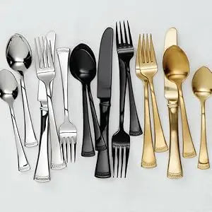 Satin Black Piece Flatware Set, 20 Count, Metallic