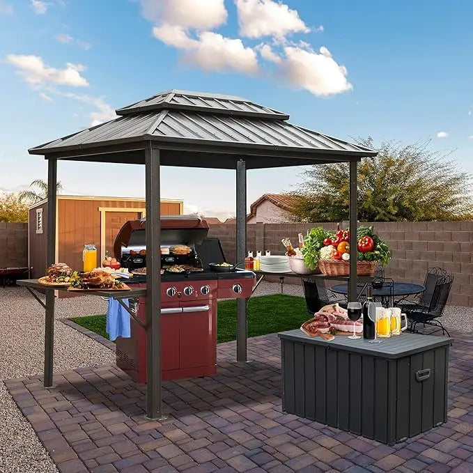 Hardtop Outdoor Grill Shelter with Ventilated Roof, Storage Cabinets, and Adjustable Hooks