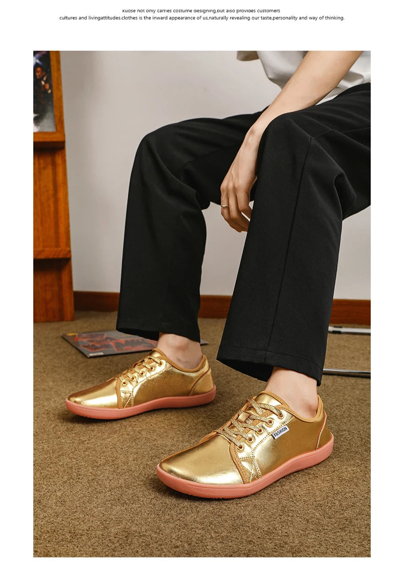 Golden Wide Toe Barefoot Sneakers Men Women Fashion Casual Leather Men's Walking Shoes Comfortable Non-slip Women's Yoga Shoes