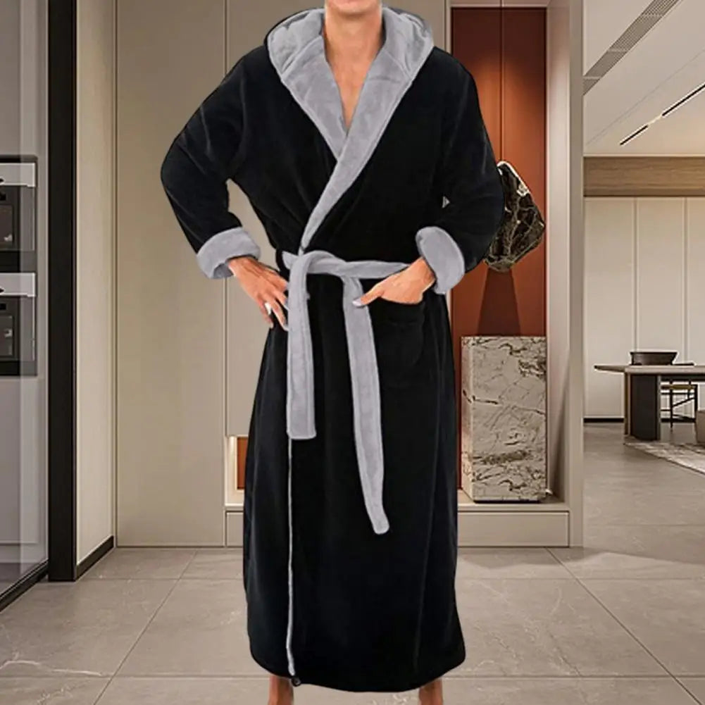 Soft Bathrobe Super Soft Fluffy Men's Hooded Bathrobe with Adjustable Belt Highly Absorbent Solid Color Design with Convenient