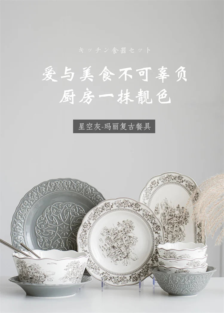 Tableware Ceramic Dishes Set Grey Modern Household Rice Bowls Plates Premium Western Food Plates