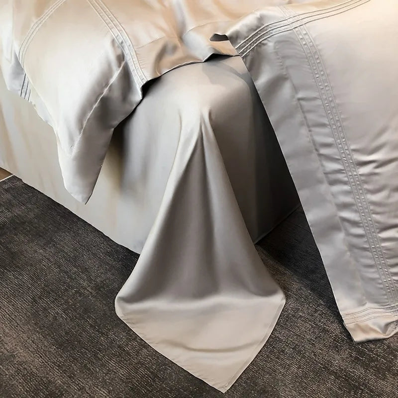 Solid Grey Linens Frame Duvet Cover with Zipper Ties 4Pcs 600TC Eucalyptus Lyocell Soft Cooling Quilt cover Bed Sheet Pillowcase