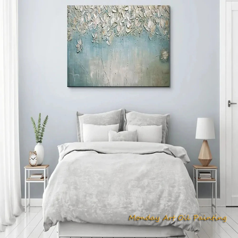 Handnade 3d Knife Oil Painting Textured Wild Flower Large Blue White Abstract Home Accent Piece Hotel Wall Statement Decor