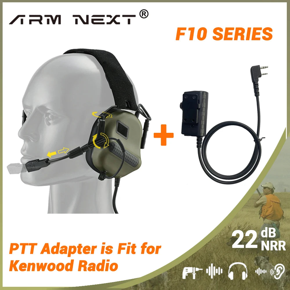 ARM NEXT F10 Electronic Tactical Headphones with Kenwood PTT Adapter Shooting Protection Professional Noise Canceling Earmuffs