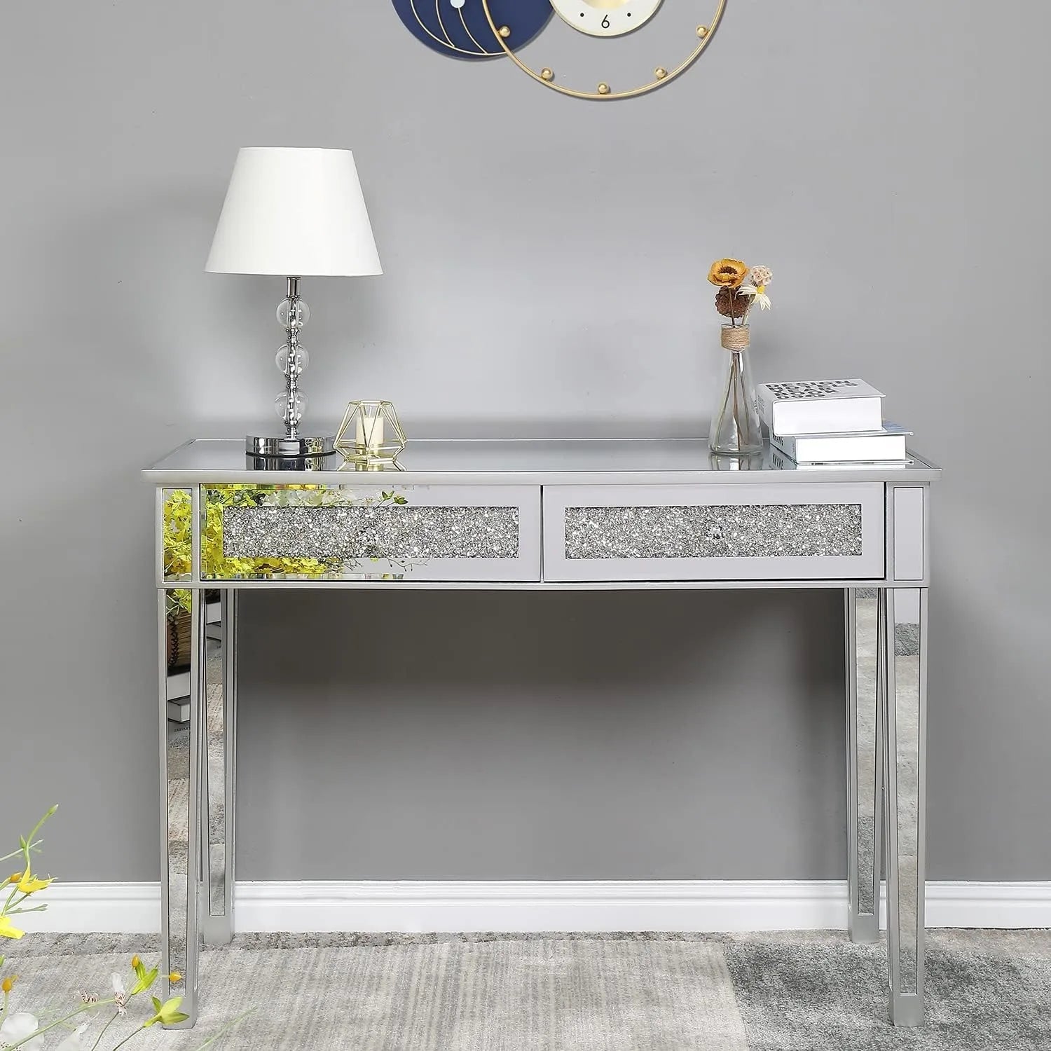 Silver Mirrored Console Table with Crystal Inlay – 42"