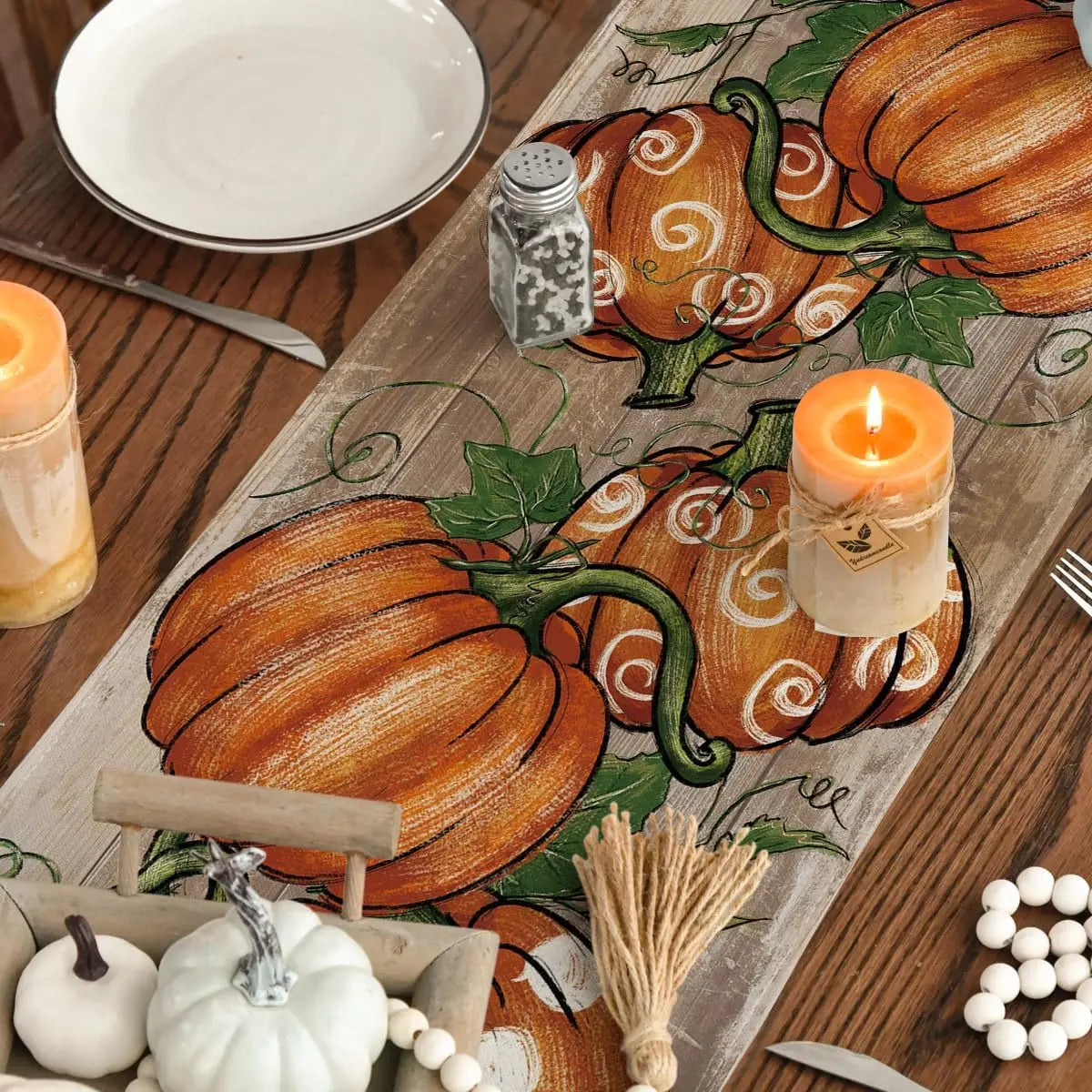 Polka Dot Pumpkins Vine Fall Table Runner Seasonal Autumn Thanksgiving Kitchen Dining Tablecloth Decoration for Home Party Decor