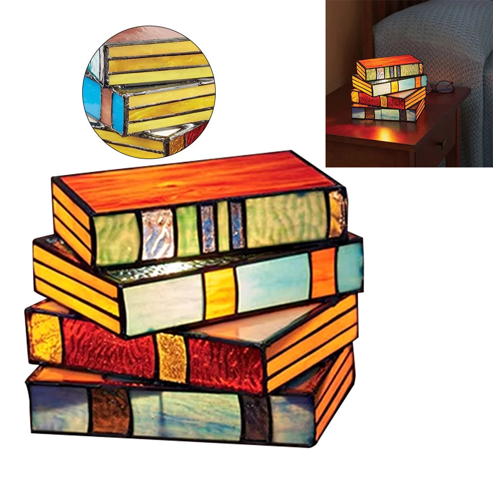 New Stained Glass Stacked Books Lamp Decorative Vintage Reading Book Table Lamp Table Desk Reading Light Nightstand Desk Lamps