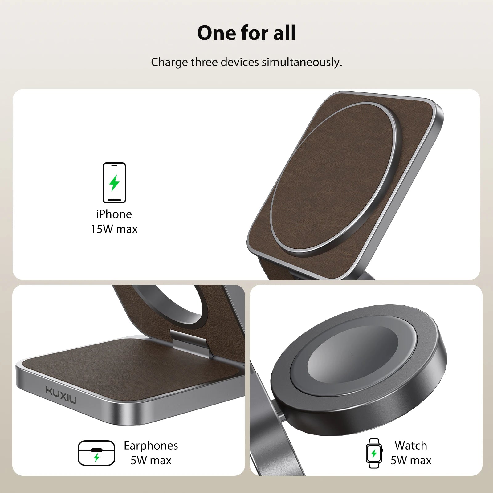 KUXIU 3-In-1 Foldable Magnetic Wireless Charging Station for iPhone 15/14/13/12 Series, Apple Watch Ultra/9/8/7, AirPods 3/2/Pro