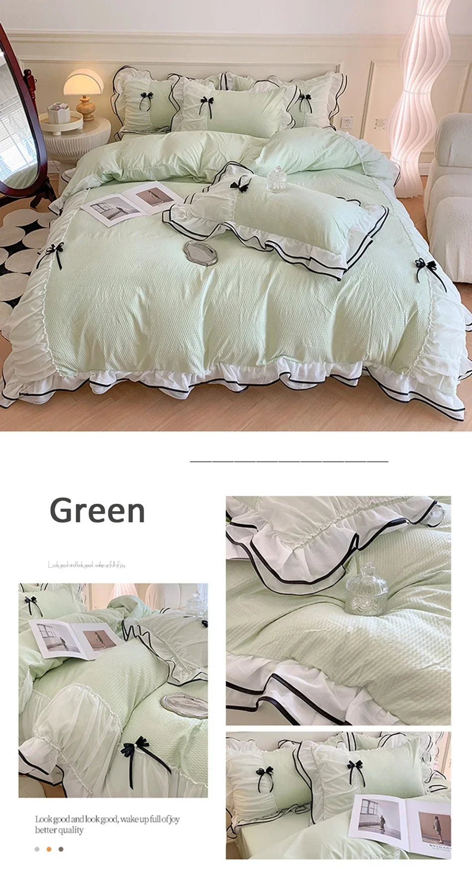 Korean Seersucker Bedding Set Princess Girls Lace Ruffled Bow Duvet Cover Double Bed Sheets Washed Cotton Twin Queen Quilt Cover