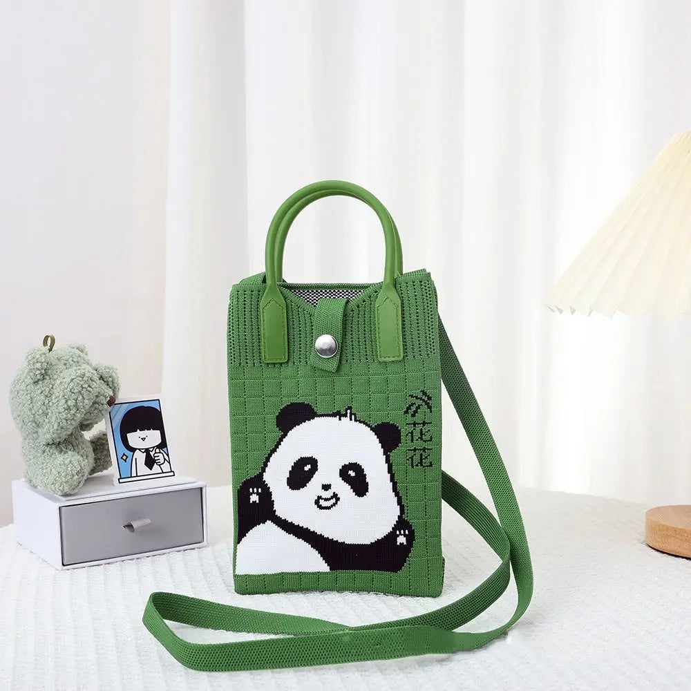 Easy To Carry Creative Mini Knit Handbag Cartoon Panda Huahua Knot Wrist Bag Reusable Large Capacity Hand Crocheted Bags Women