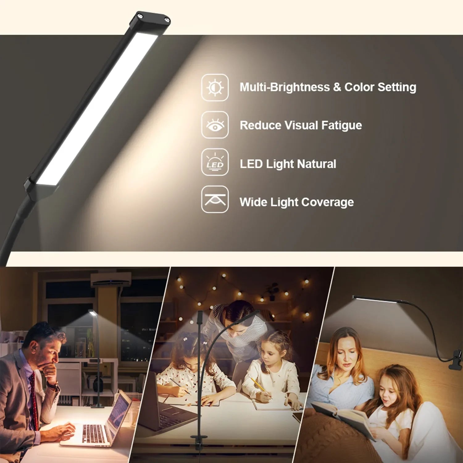 10W LED Desk Lamp with Clamp Dimmable Clip On Reading Light 10 Brightness Level 3 Lighting Modes Flexible Study Table Lamp USB