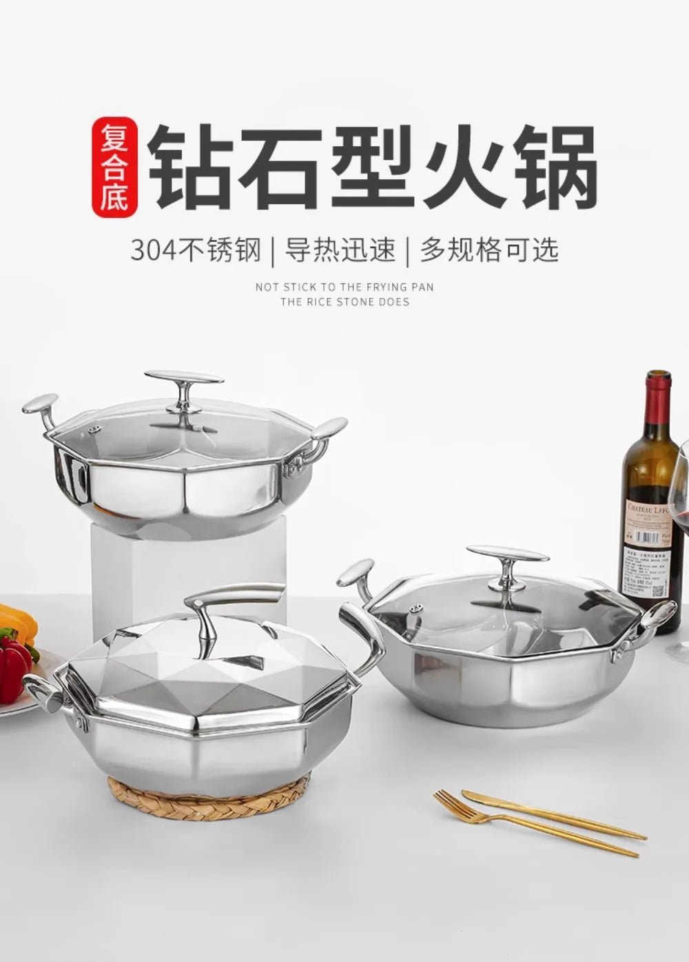 Cookware Suit 304 Octagonal Mandarin Soup Hot Pots High-End Steel Pots Induction Cooker Commercial Hot Pots Cookware Pot Sets CE