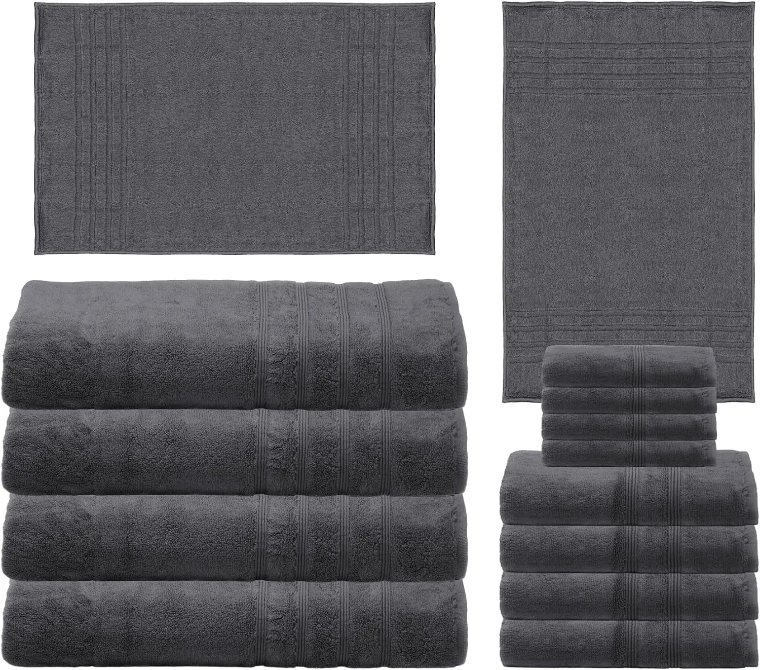 Luxury Turkish 14pc XL Deluxe Bath Bundle Body Hand Face Towel and Mat Charcoal Gray (Dark Grey) 700 GSM & 1000 GSM Bamboo Visco