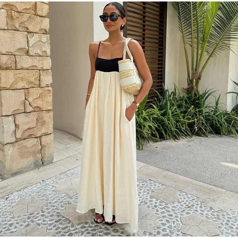 Contrast Splicing Loose Sling Long Dresses Women Square Collar Sleeveless Backless High Waist Dress 2024 Summer Lady Street Robe