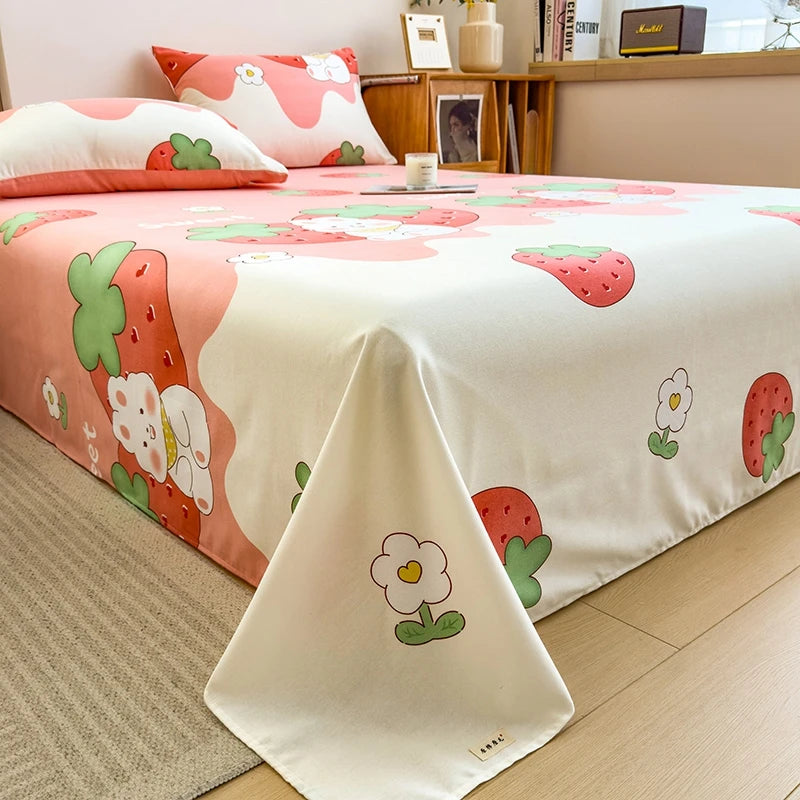 3Pcs Cartoon Strawberry Rabbit Cotton Bed Sheet Set Kawaii Style Bedroom Decor Flat Sheet High Quality Thickened Bedding Set