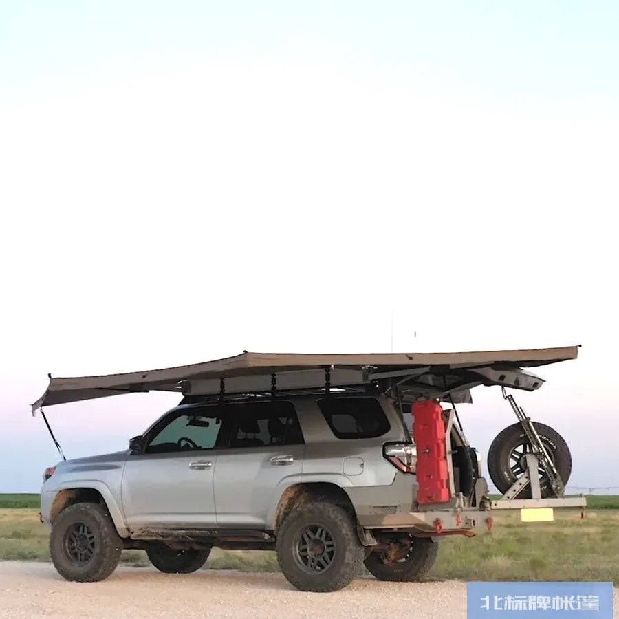 Outdoor self-driving five-angle 270-degree awning with cloth on the top side and double-axis fan-shaped tent with curtain a