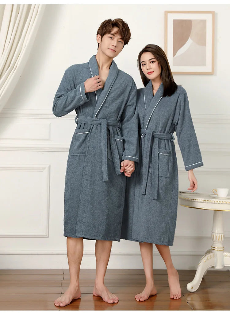 100% Cotton Couples Long Thick Absorbent Terry Bath Robe Kimono Men Light Weight Towel Bathrobe Sleepwear Women Hotel Gown Robes