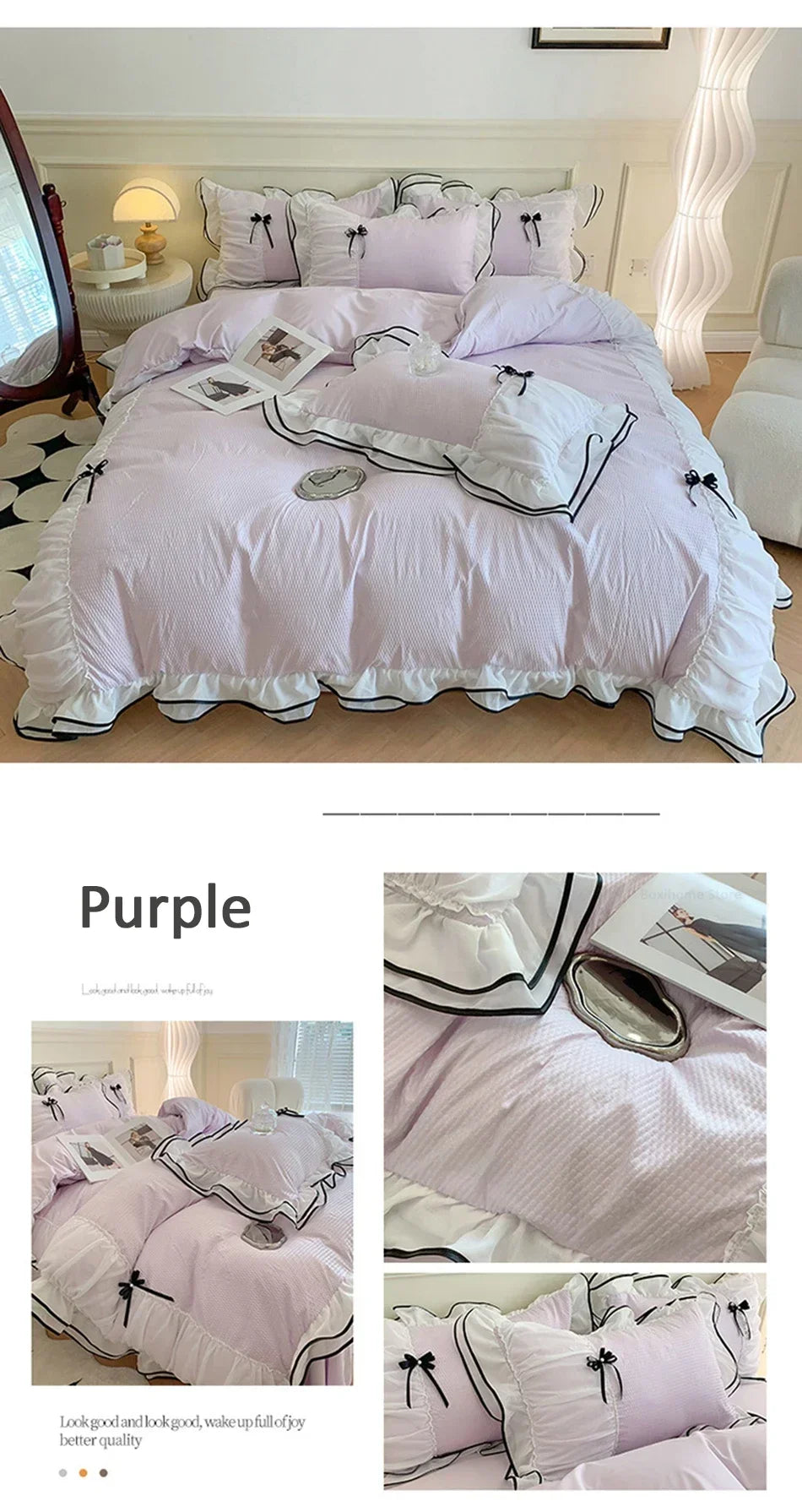 Korean Seersucker Bedding Set Princess Girls Lace Ruffled Bow Duvet Cover Double Bed Sheets Washed Cotton Twin Queen Quilt Cover