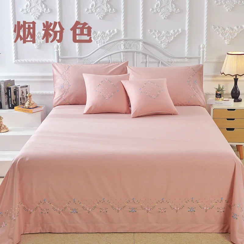 100% Cotton Greek Key Embroidery, 3-Piece Twin XL Kendell Bed Sheet Set, White/ Light Green/Pink