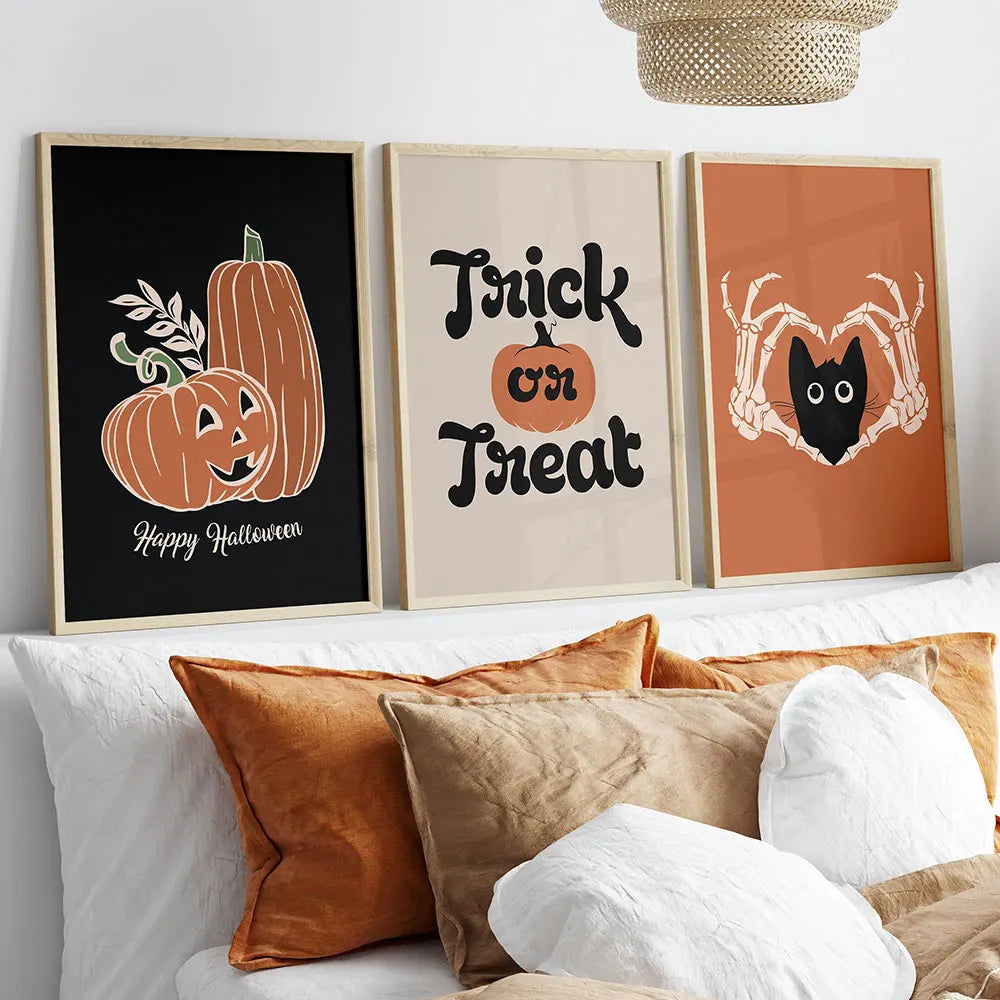 Halloween Trick or Treat Poster Spooky Cat Boo Art Print Pumpkin Canvas Painting Vintage Fall Wall Picture Living Room Decor